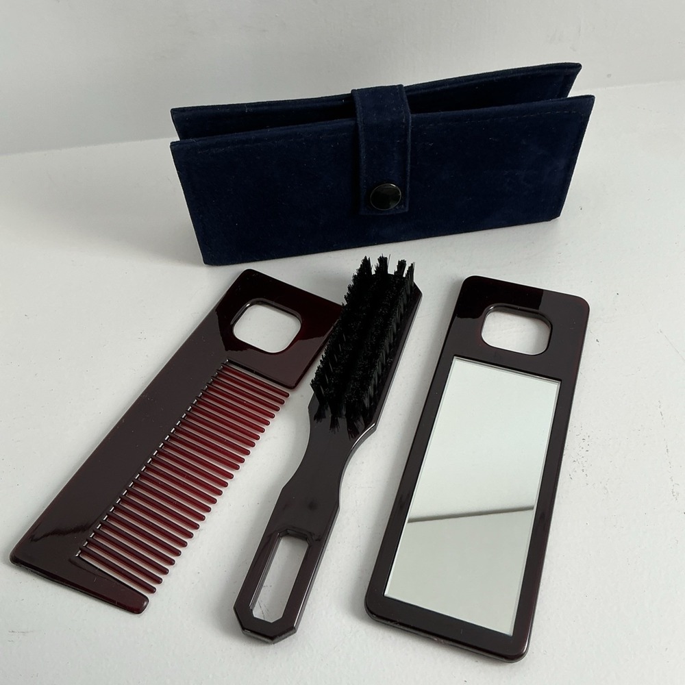 Vintage Avon Comb With Brush And Mirror Purse Or Travel Set In Blue Velvet Case